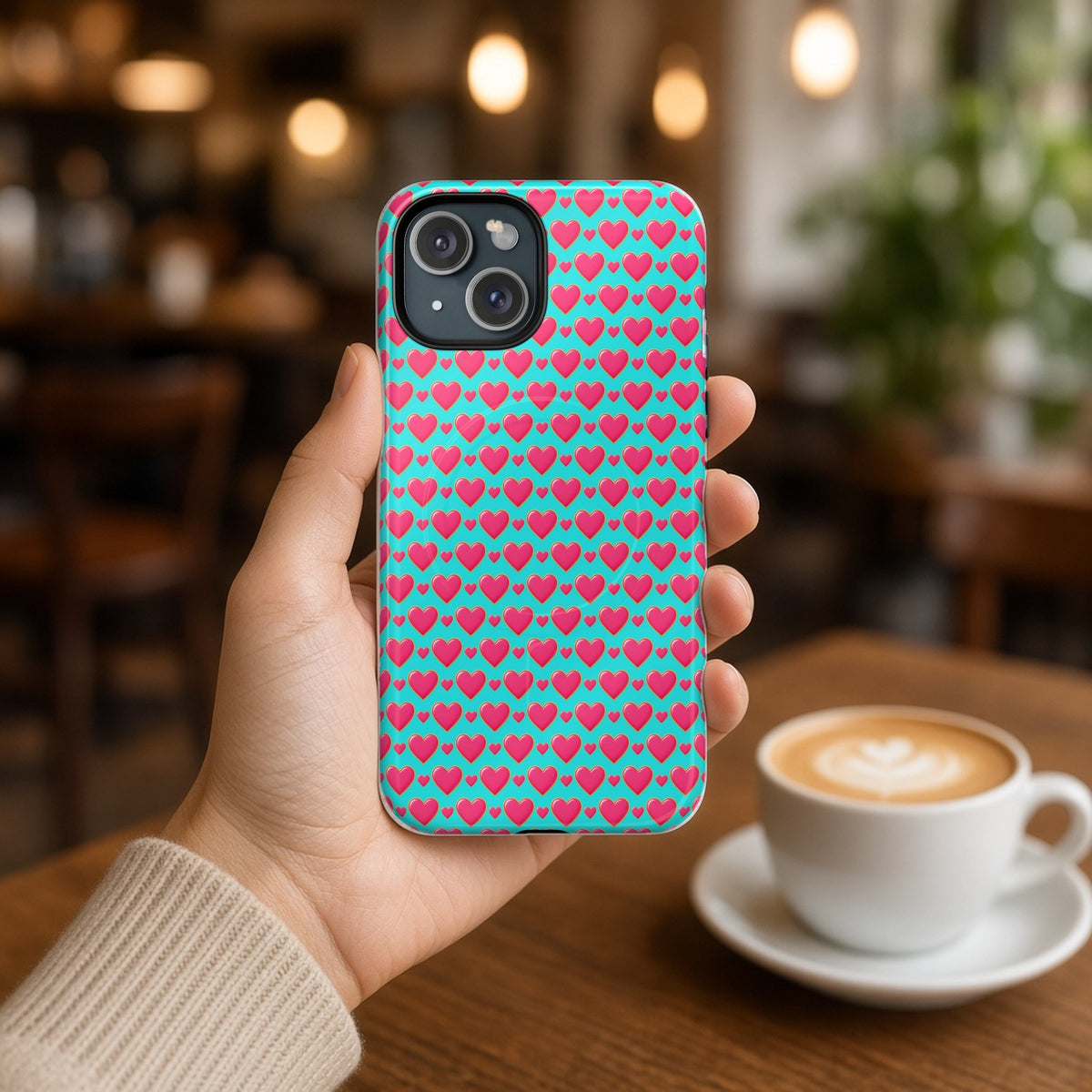 Hand holding the Heart Bubble Grid magnetic iPhone case in a cafe beside a latte