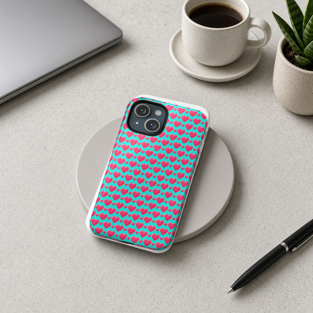 Heart Bubble Grid magnetic iPhone case on a wireless charging pad on a grey desk