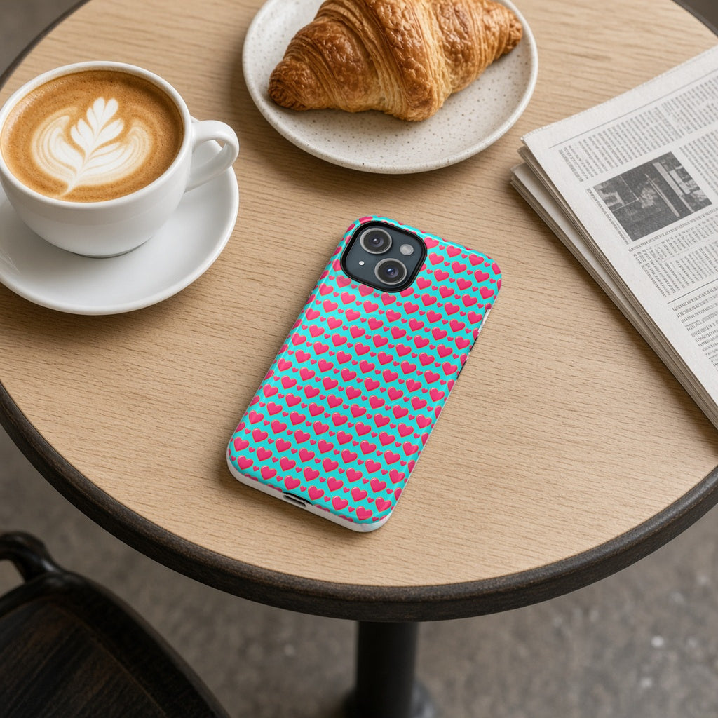 Heart Bubble Grid magnetic iPhone case on a cafe table with a latte, croissant and newspaper
