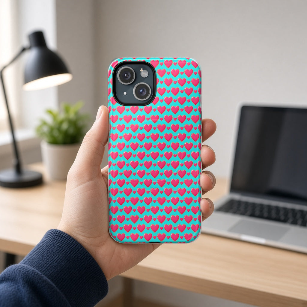 Hand holding the Heart Bubble Grid magnetic iPhone case at a home office desk