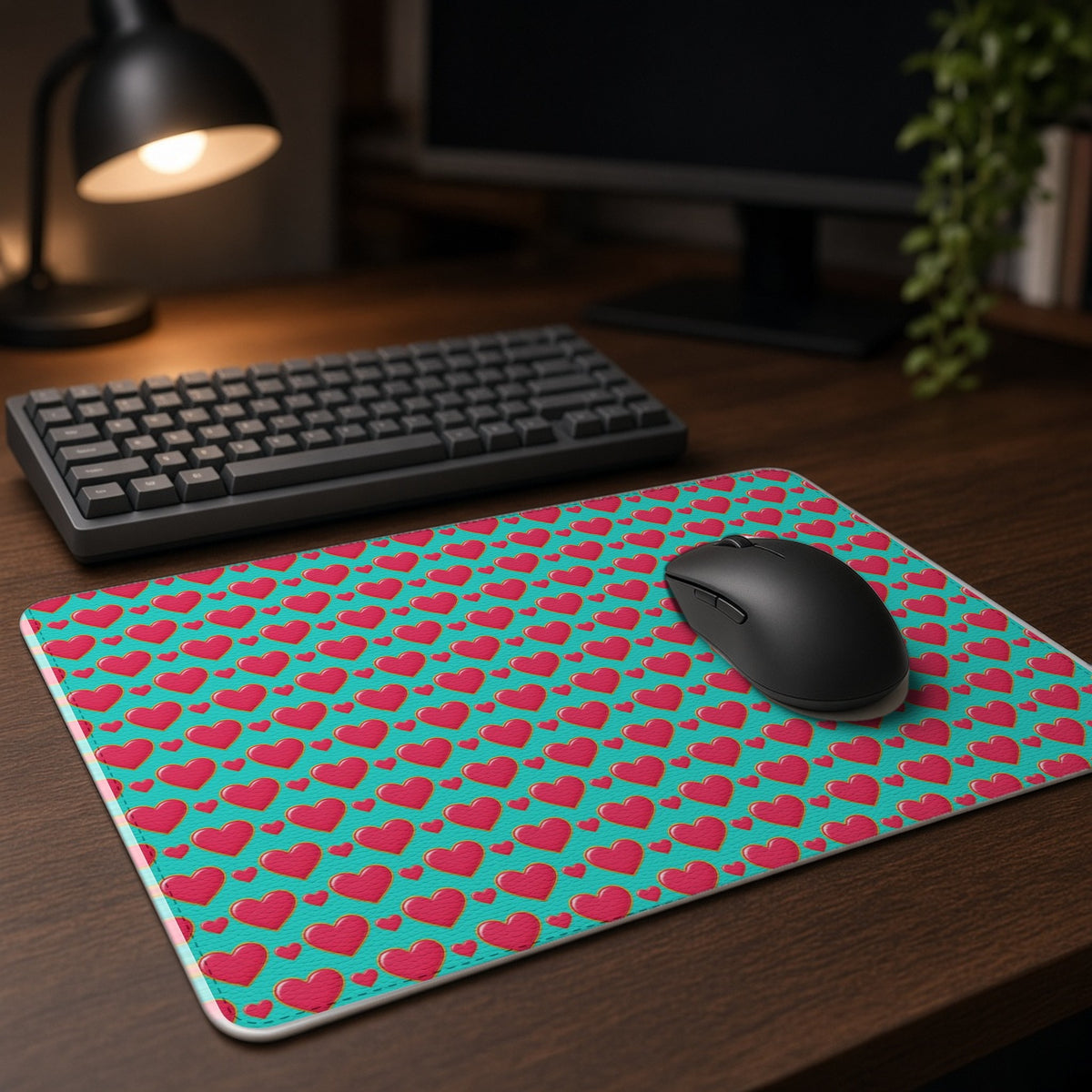 Heart Bubble Grid vegan leather mouse mat on a dark wood desk with keyboard and lamp