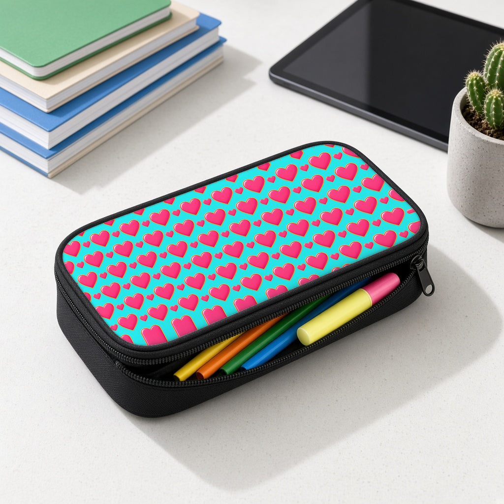 Heart Bubble Grid pencil case open with colourful pens and highlighters on a white desk