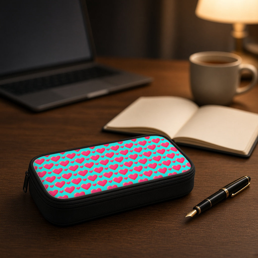 Heart Bubble Grid pencil case on a wooden desk beside an open notebook and fountain pen