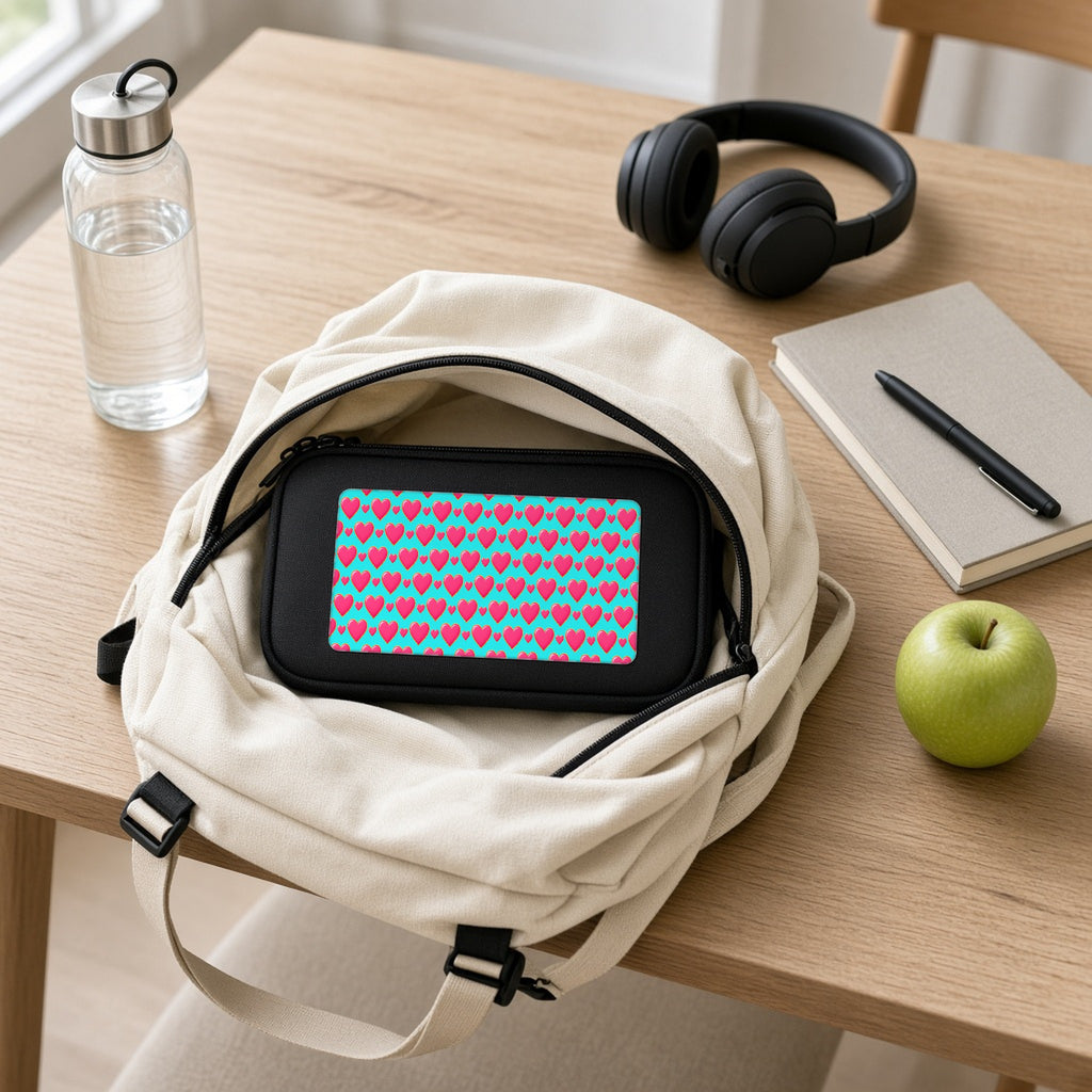 Heart Bubble Grid pencil case packed in a school backpack with headphones and an apple