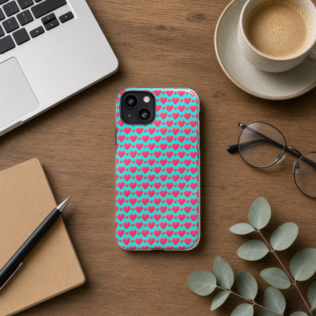 Heart Bubble Grid tough phone case on a wooden desk beside a laptop, coffee and eucalyptus