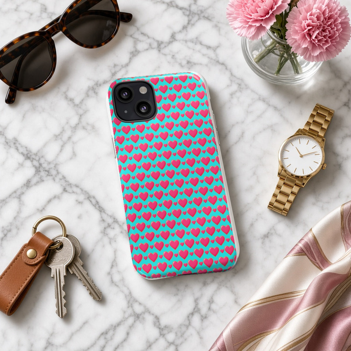 Heart Bubble Grid tough phone case on white marble with a watch, keys and sunglasses