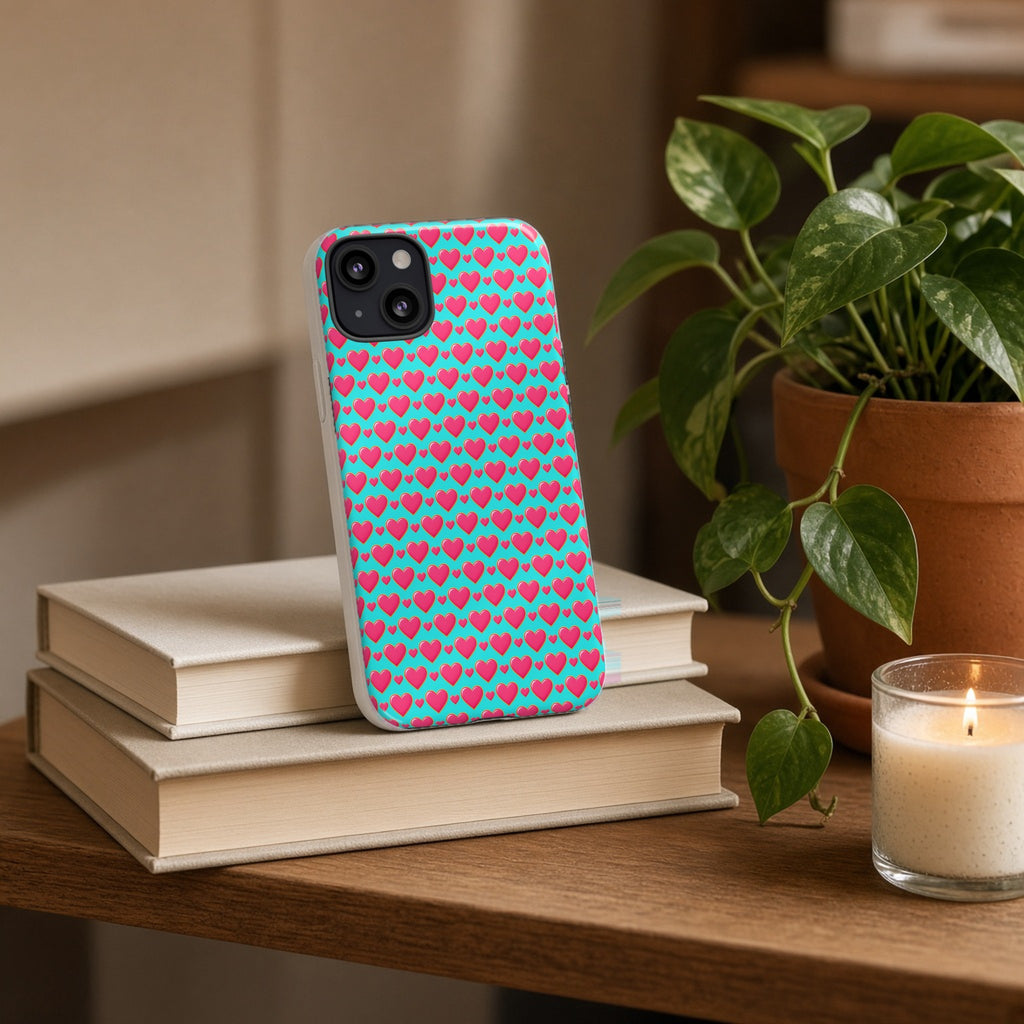 Heart Bubble Grid tough phone case propped on a stack of books beside a plant and candle