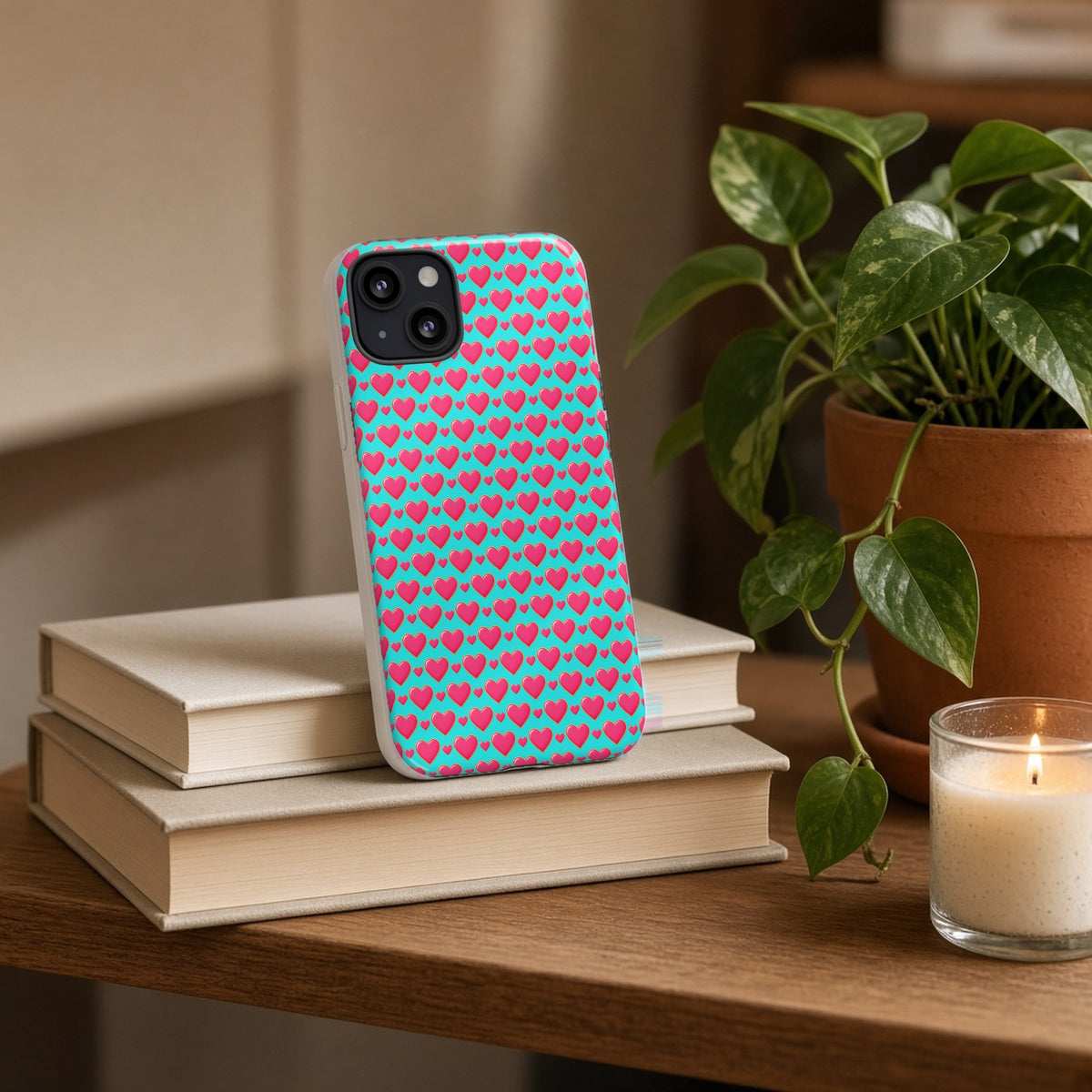 Heart Bubble Grid tough phone case propped on a stack of books beside a plant and candle