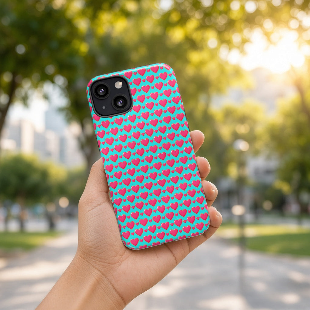 Hand holding the Heart Bubble Grid tough phone case outdoors in a sunny park