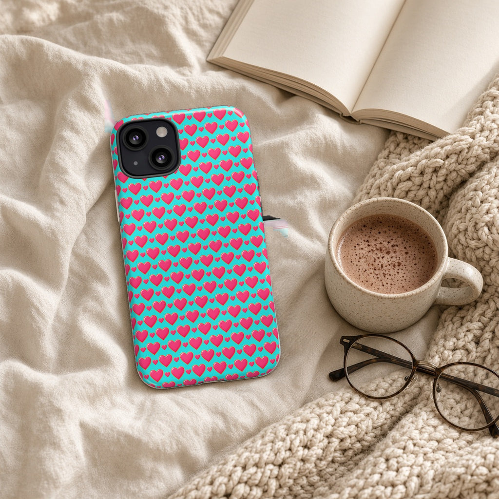 Heart Bubble Grid tough phone case on a cosy knit blanket with a hot chocolate and glasses