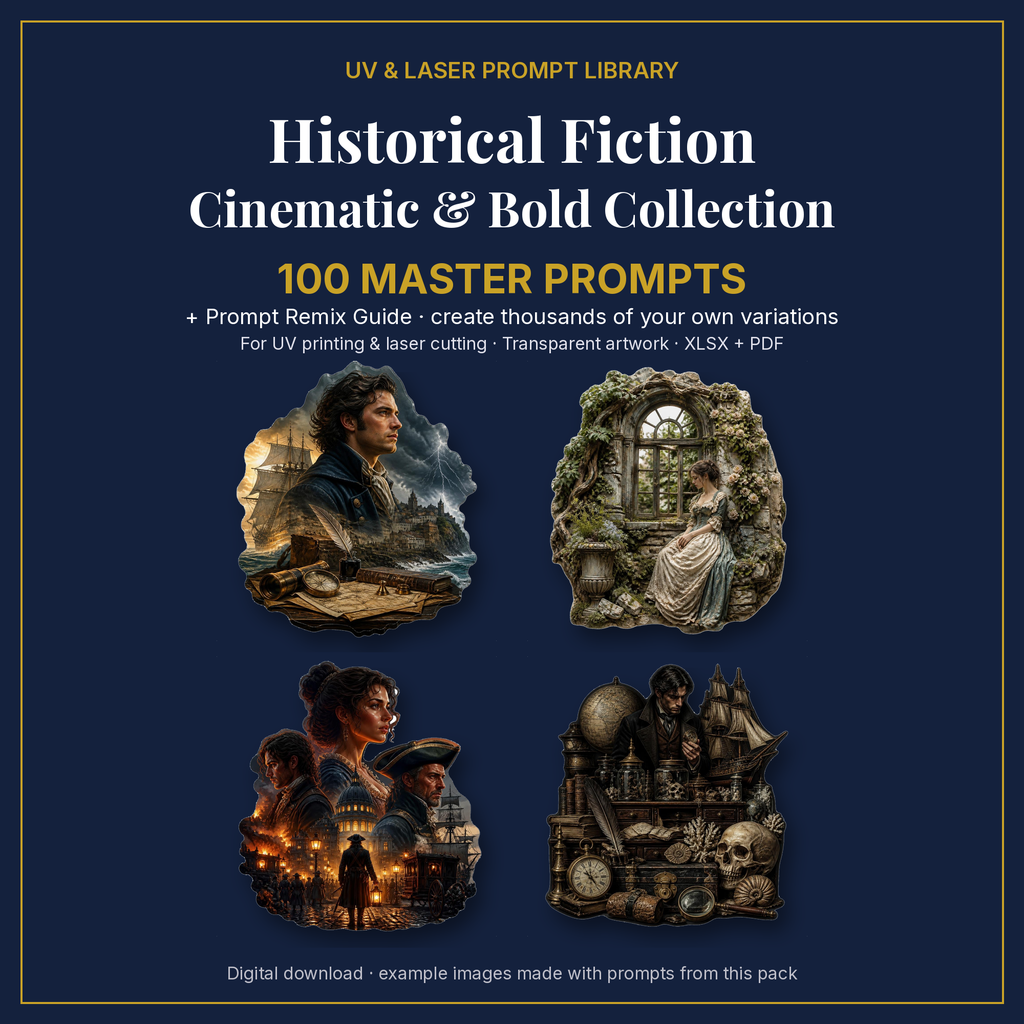 Cover: Historical Fiction Cinematic & Bold Collection, 100 master prompts + Prompt Remix Guide
