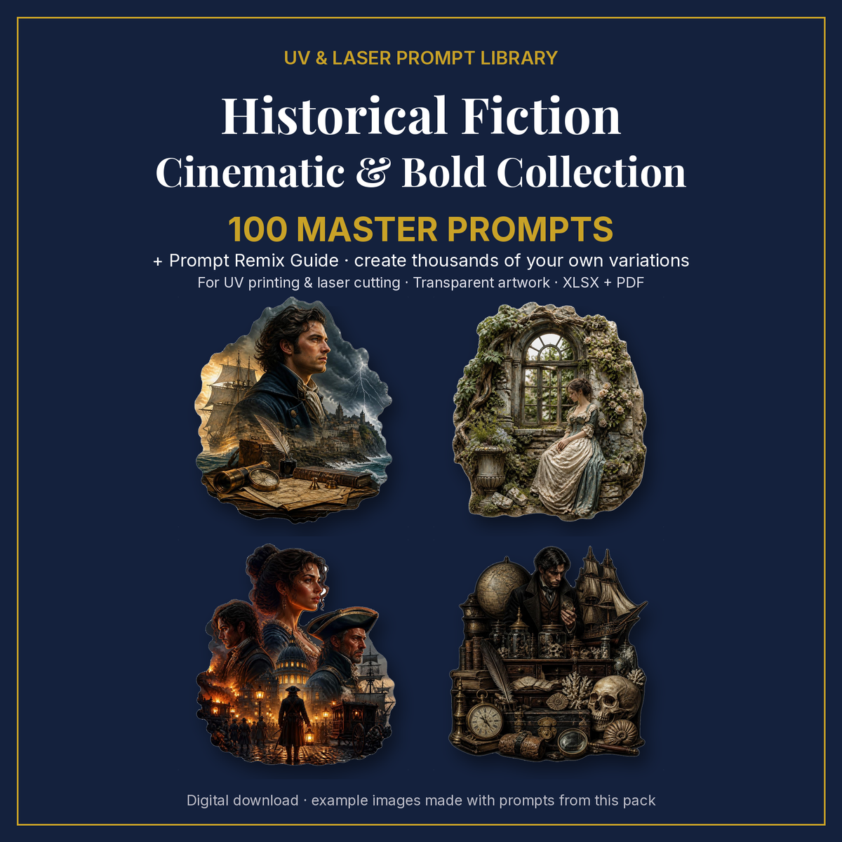 Cover: Historical Fiction Cinematic & Bold Collection, 100 master prompts + Prompt Remix Guide