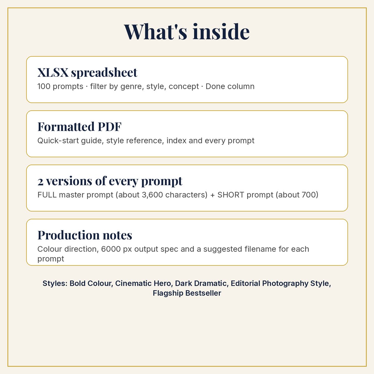 What is inside the download: XLSX, PDF, full and short prompts