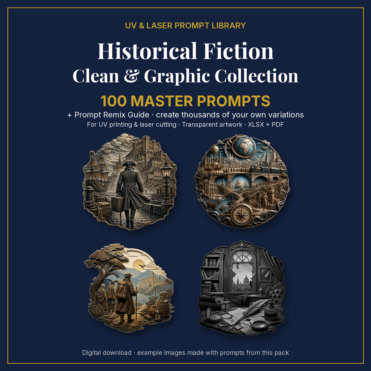Cover: Historical Fiction Clean & Graphic Collection, 100 master prompts + Prompt Remix Guide