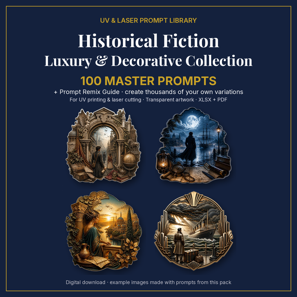 Cover: Historical Fiction Luxury & Decorative Collection, 100 master prompts + Prompt Remix Guide