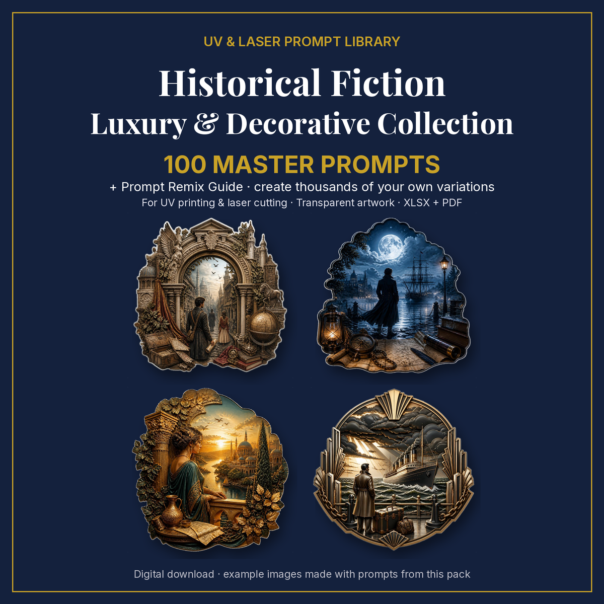 Cover: Historical Fiction Luxury & Decorative Collection, 100 master prompts + Prompt Remix Guide