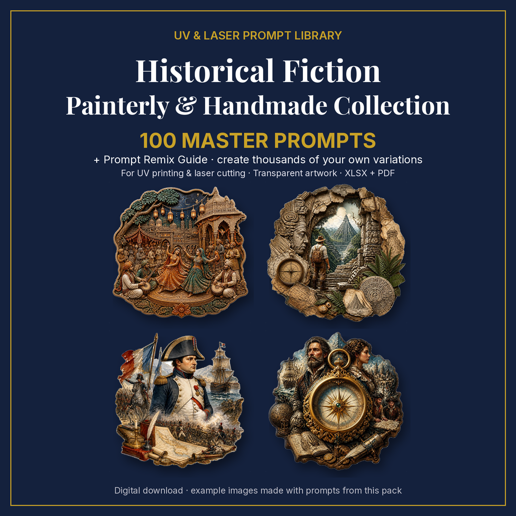 Cover: Historical Fiction Painterly & Handmade Collection, 100 master prompts + Prompt Remix Guide