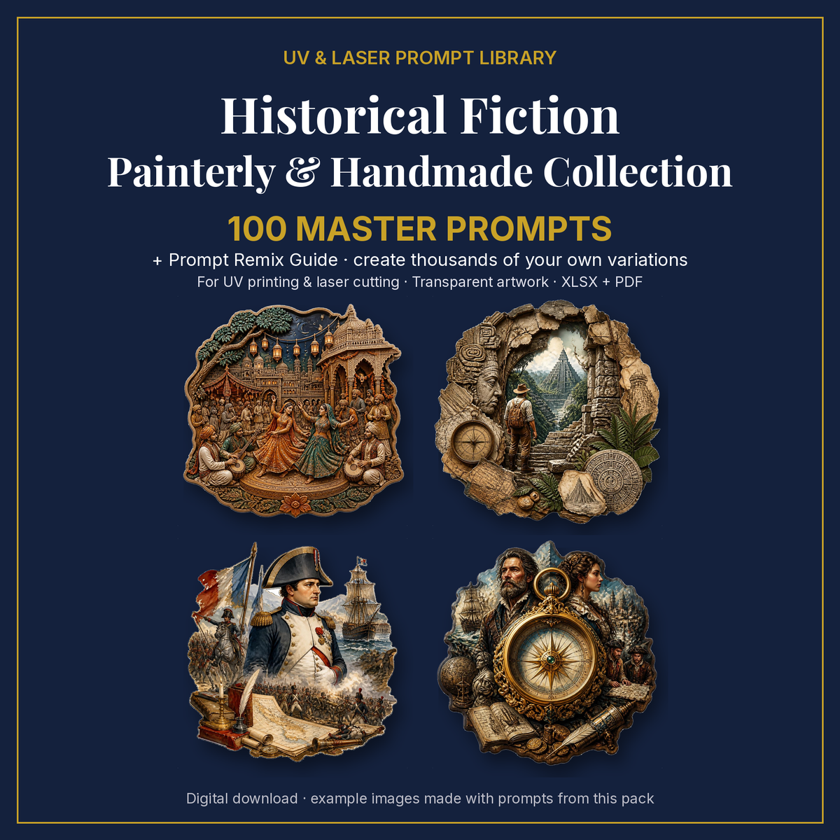Cover: Historical Fiction Painterly & Handmade Collection, 100 master prompts + Prompt Remix Guide
