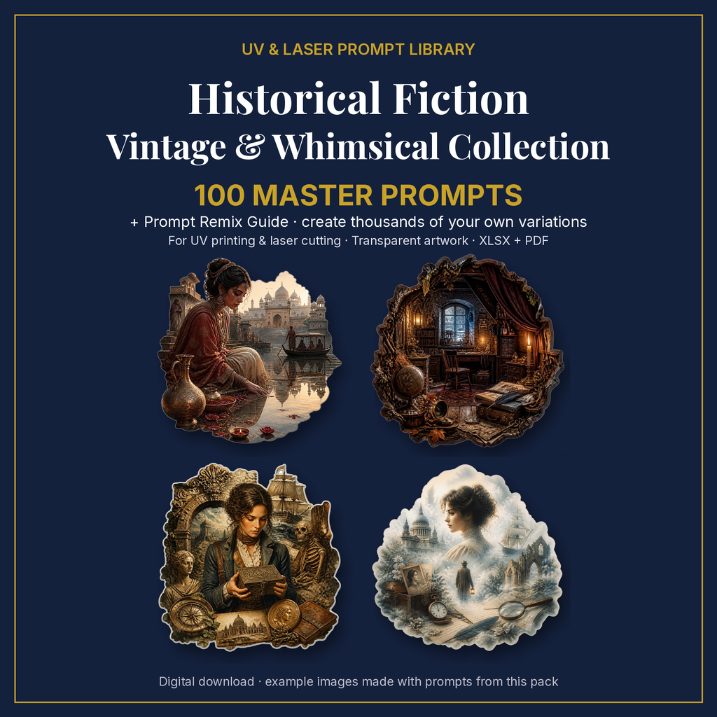 Cover: Historical Fiction Vintage & Whimsical Collection, 100 master prompts + Prompt Remix Guide