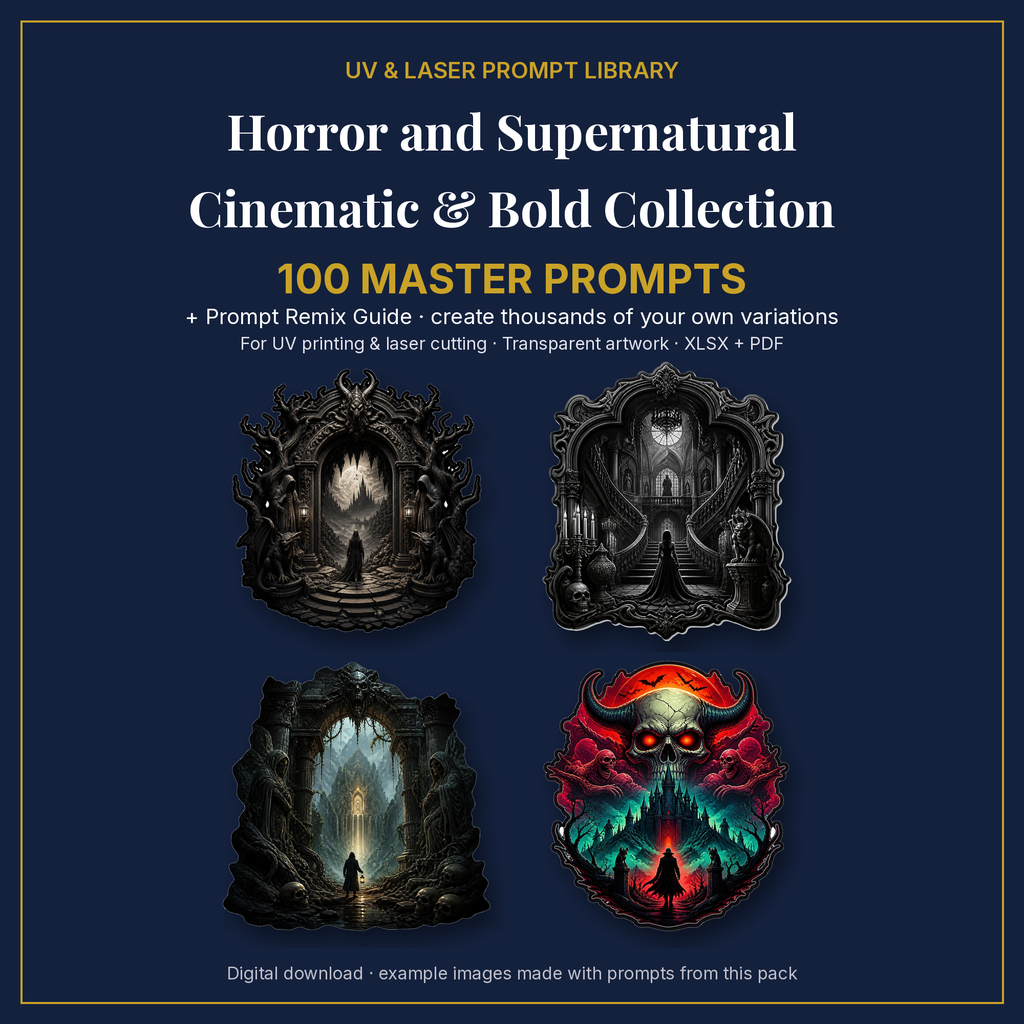Cover: Horror and Supernatural Cinematic & Bold Collection, 100 master prompts + Prompt Remix Guide