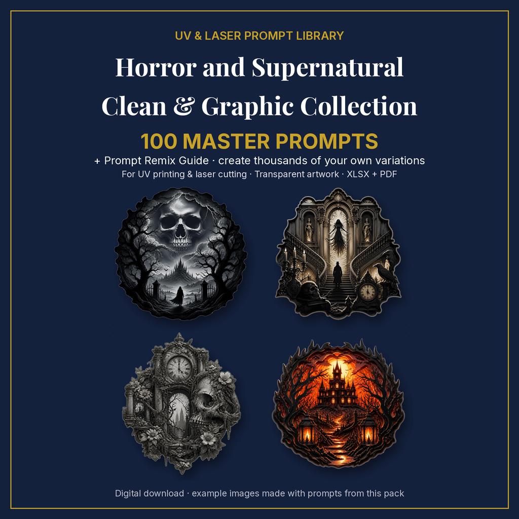 Cover: Horror and Supernatural Clean & Graphic Collection, 100 master prompts + Prompt Remix Guide