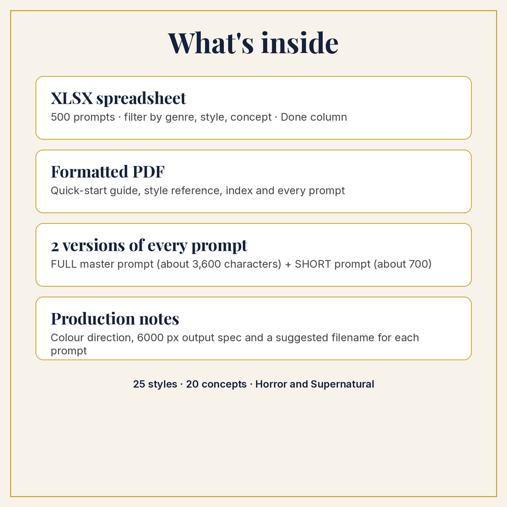 What is inside the download: XLSX, PDF, full and short prompts