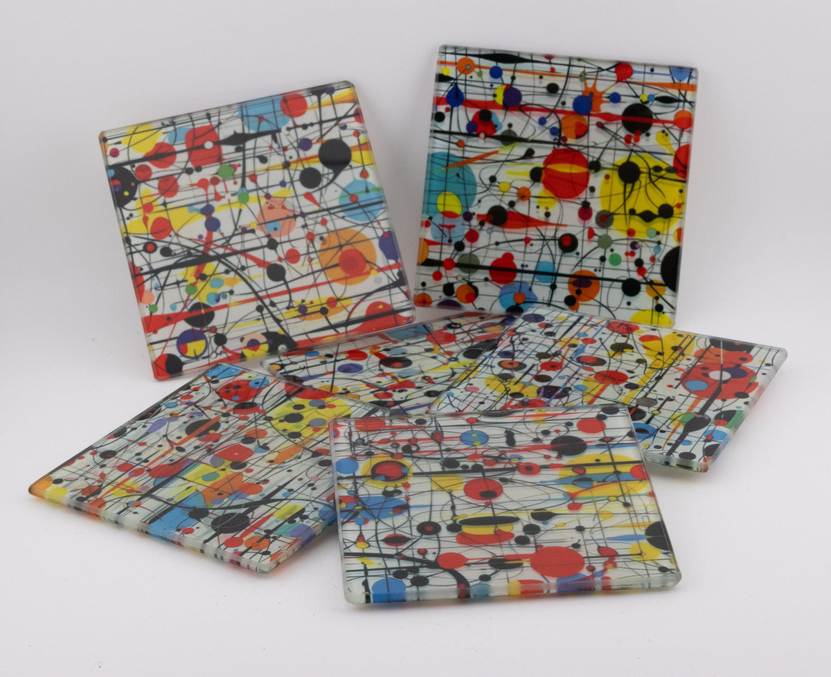Abstract Pollock-Style Minimalist square glass coasters, photo of a finished set
