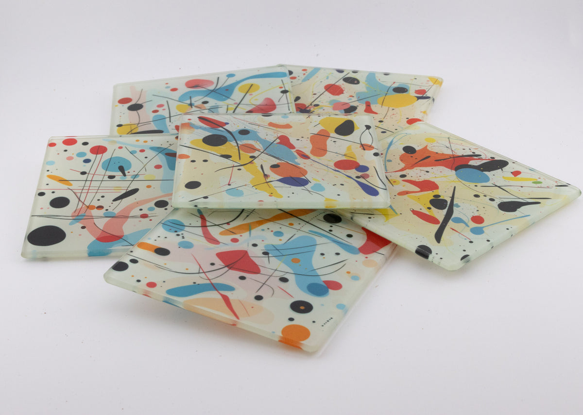 Ink Splat Abstract square glass coasters, photo of a finished set