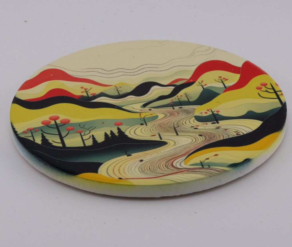 Minimalist Mountain Landscape round ceramic coasters, photo of a finished set
