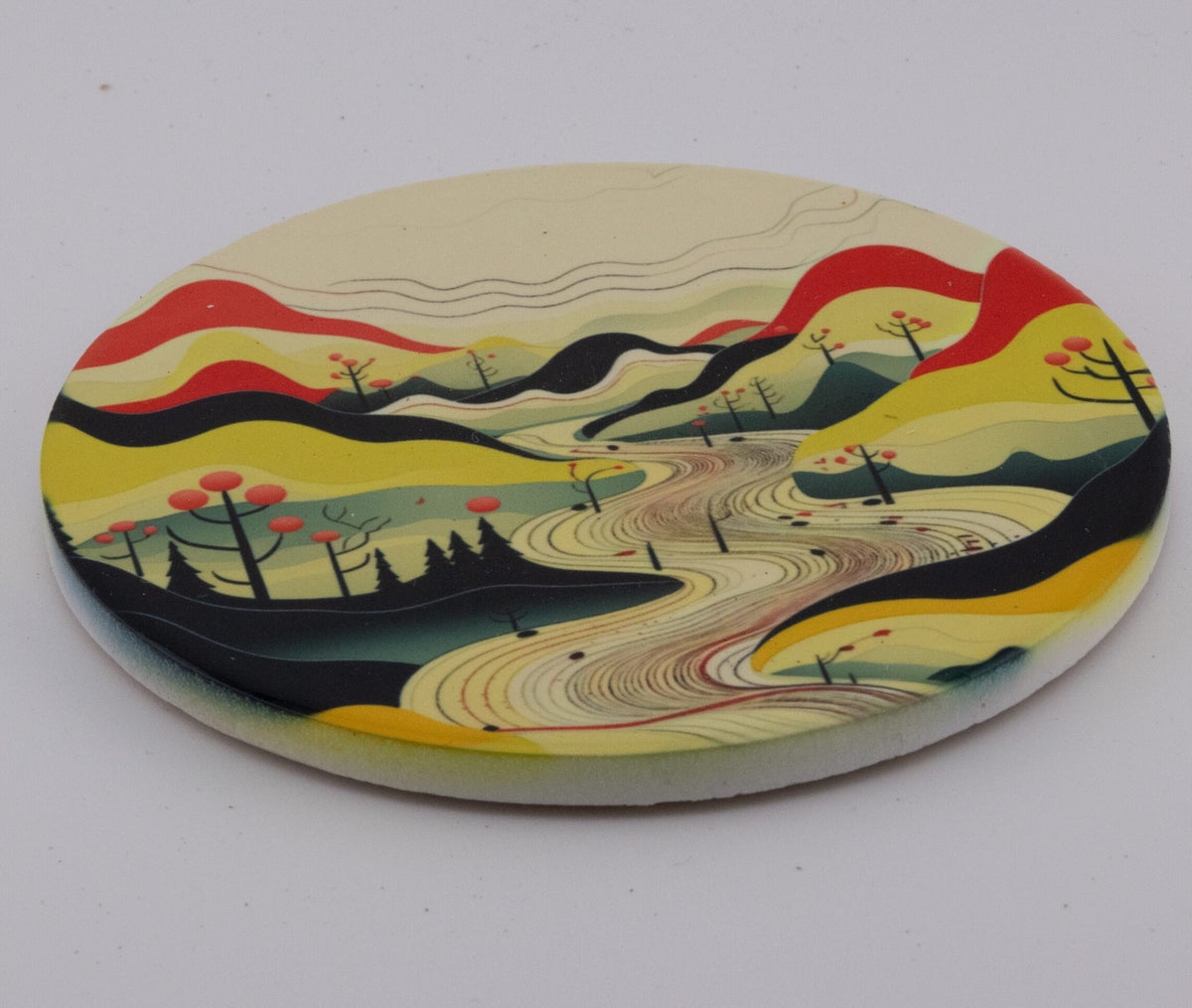 Minimalist Mountain Landscape round ceramic coasters, photo of a finished set