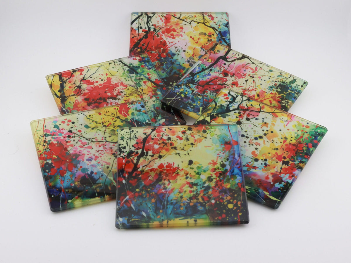 Abstract Spring Woodland square glass coasters, photo of a finished set
