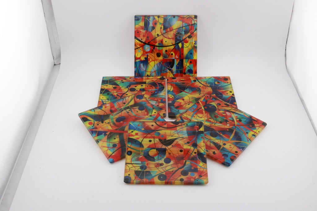 Abstract Geometric Modernist square glass coasters, photo of a finished set