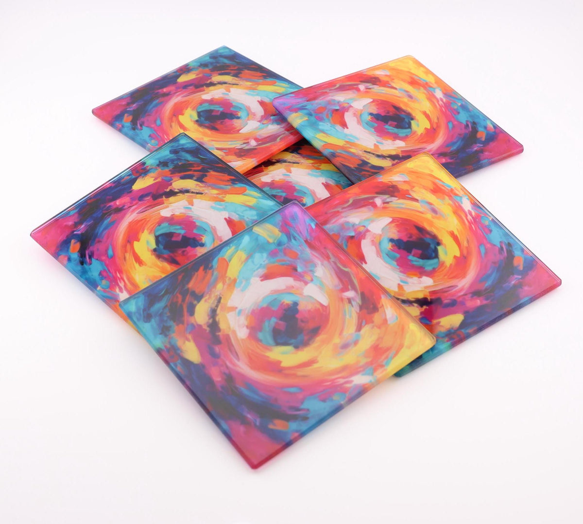 Abstract Vortex No.9 square glass coasters, photo of a finished set