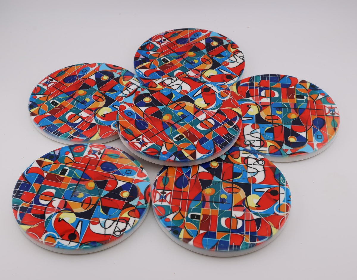 Abstract Minimalist No.2 round ceramic coasters, photo of a finished set