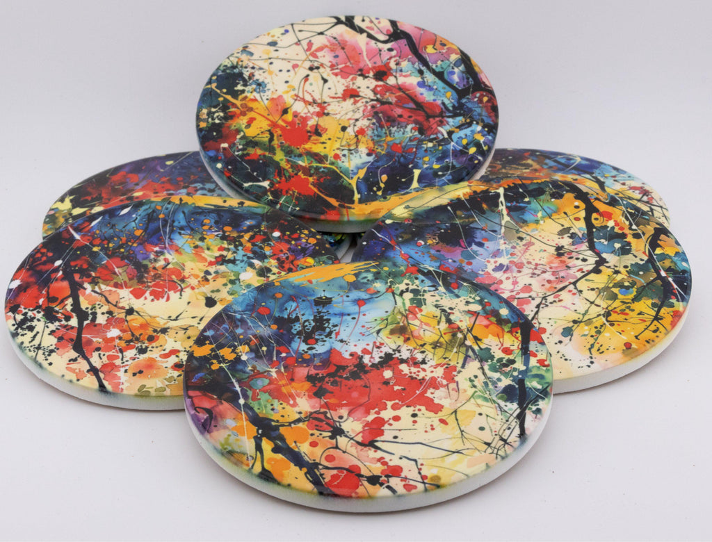 Abstract Spring Woodland round ceramic coasters, photo of a finished set