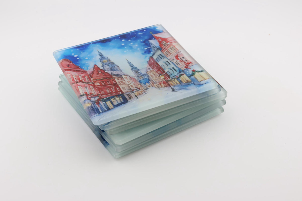 Christmas Watercolour Townscape square glass coasters, photo of a finished set