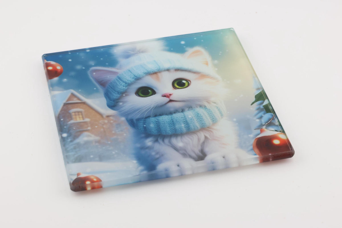 Christmas Kitten in Blue Scarf square glass coasters, photo of a finished set
