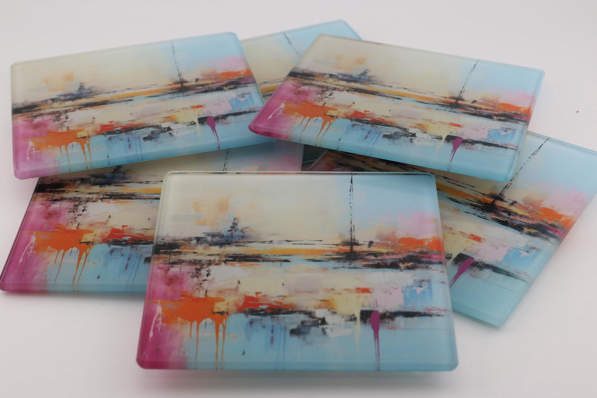 Watercolour Seascape square glass coasters, photo of a finished set
