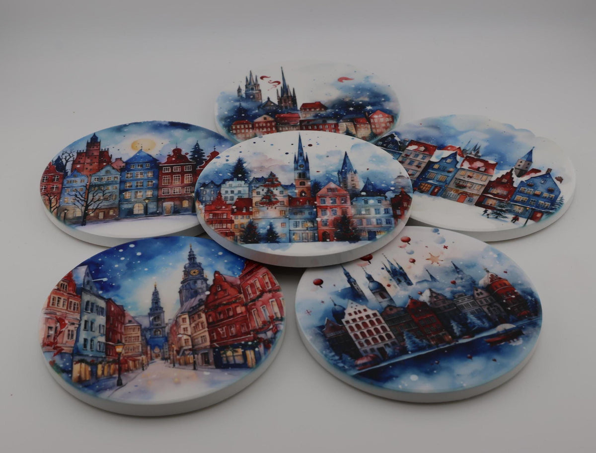 Christmas Watercolour Townscape round ceramic coasters, photo of a finished set