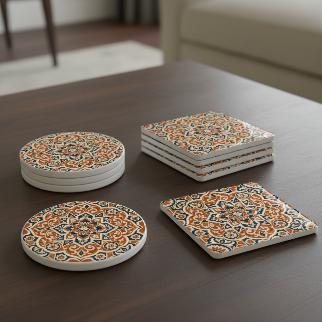 Heritage Moorish tile pattern coasters – styled in a room setting