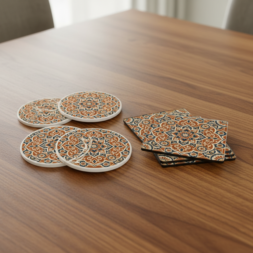 Heritage Moorish tile pattern coasters – styled in a room setting