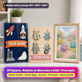 Space, Robots and Monsters prompt pack title card: a navy acrylic plaque with rockets, a launch tower and an exhaust cloud around an orange YOUR NAME banner, a wooden sign with four retro-toy robots and a NAME HERE banner, and a framed print of fluffy little monsters playing in a park, made with prompt #2 + #27 + #67