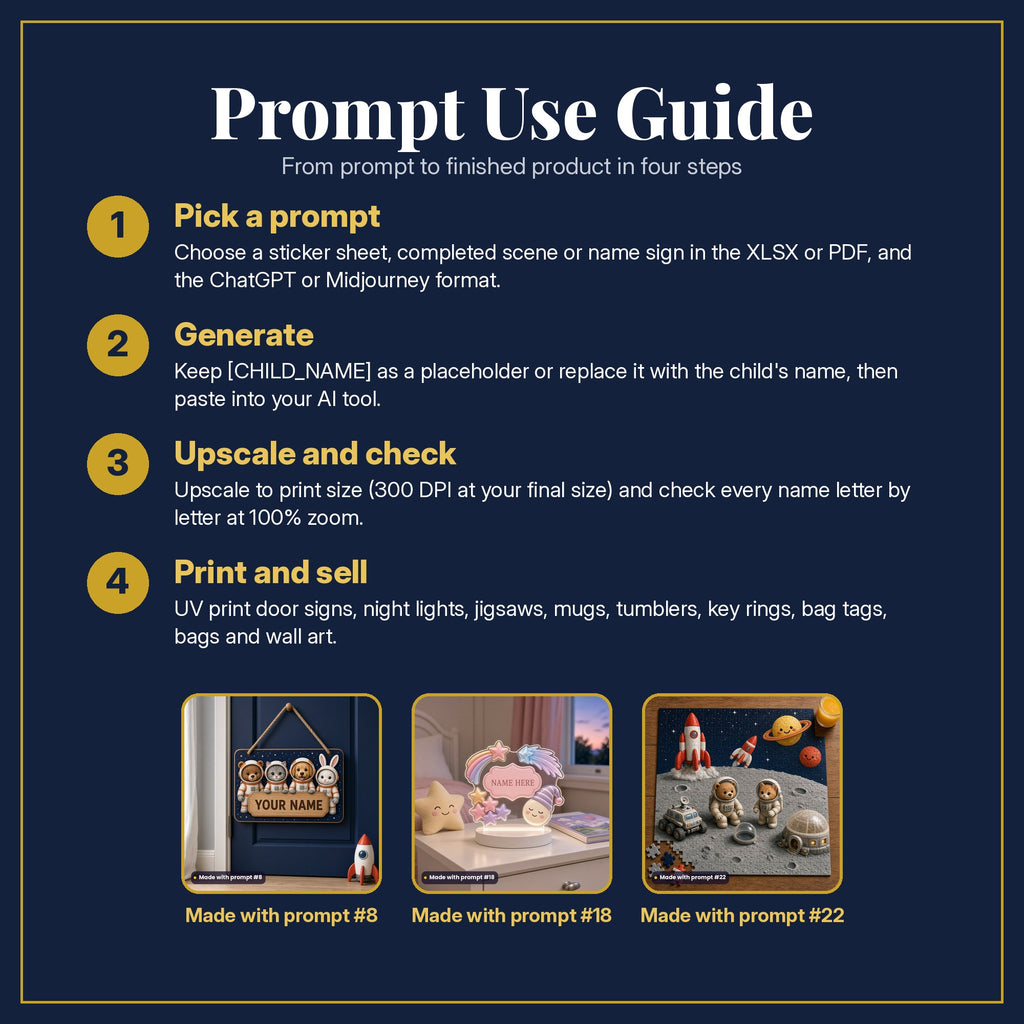 Prompt Use Guide in four steps: pick a prompt, generate, upscale and check, print and sell, with example products made with prompt #8, prompt #18, prompt #22