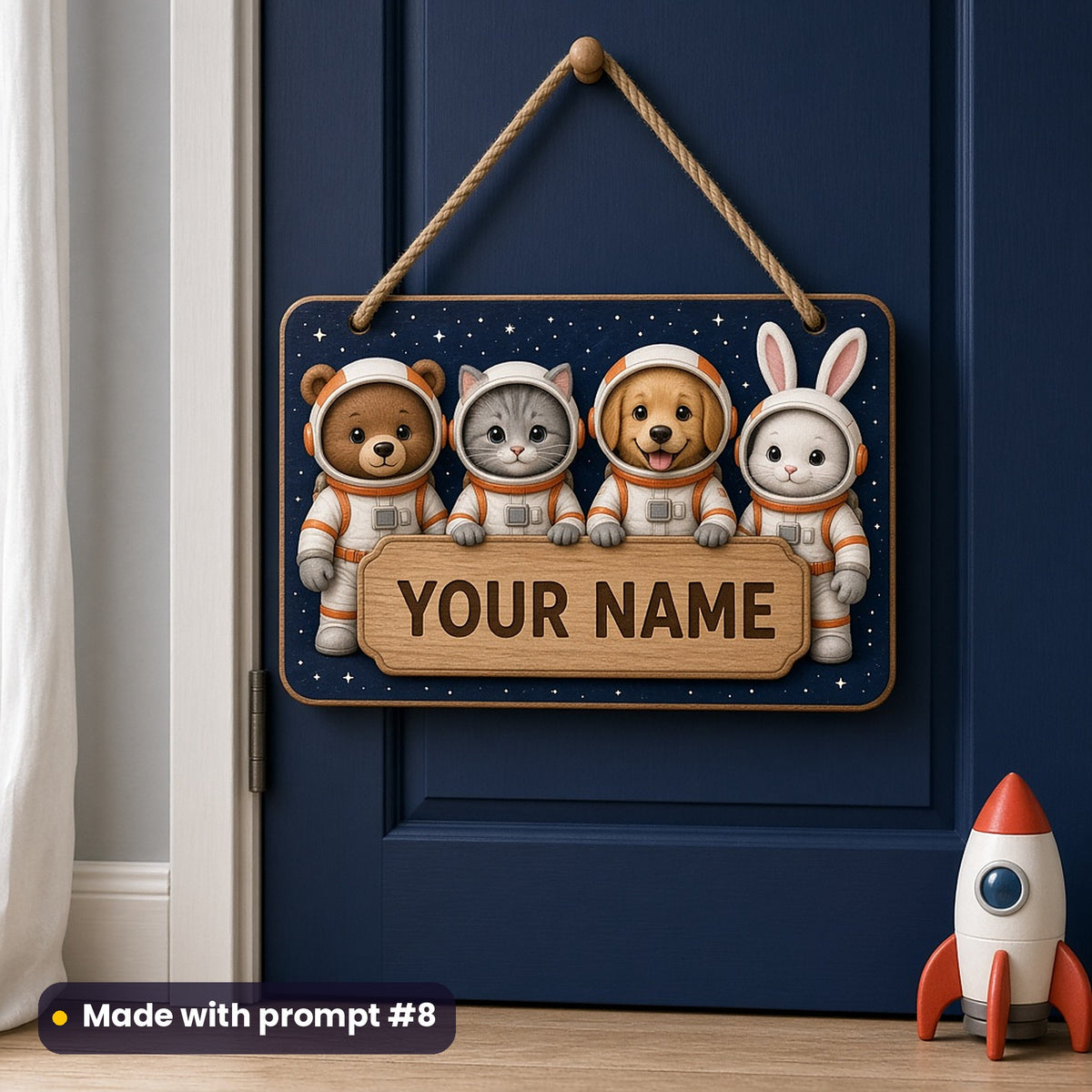 Starry wooden bedroom door sign on a navy door with a bear cub, kitten, puppy and bunny in white and orange spacesuits holding a YOUR NAME plaque, made with prompt #8
