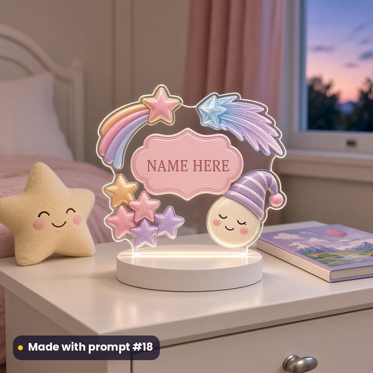 Glowing acrylic night light with a rainbow shooting star, an icy comet, a bunch of chunky stars and a sleepy moon in a striped nightcap around a pink NAME HERE plaque, made with prompt #18
