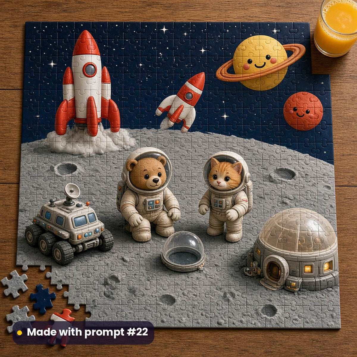 Jigsaw puzzle of a moon base with two red rockets, a smiling ringed planet and little red planet, a bear cub and kitten astronaut, a space helmet, a six-wheel rover and a dome habitat, made with prompt #22