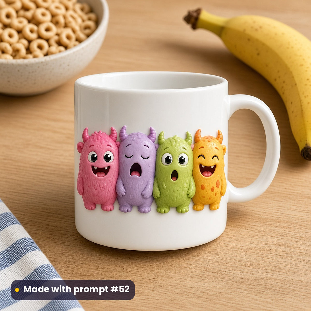 White kids' mug with four raised-relief fuzzy little monsters showing happy, sleepy, surprised and giggling feelings, beside cereal and a banana, made with prompt #52