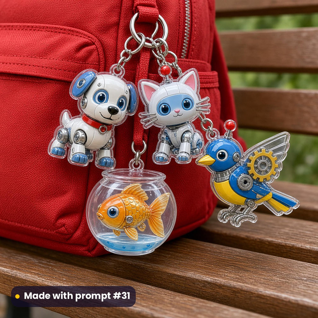 Acrylic robot pet key rings (robot puppy, robot kitten, robot goldfish in a bowl and robot songbird with gear wings) on a red backpack, made with prompt #31