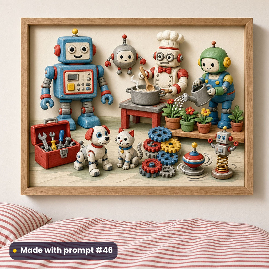 Framed print above a striped duvet of a robot workshop with a square-head robot, antenna robot, chef robot, gardener robot, robot puppy and kitten, a toolbox, gear cogs, a spinning-top robot and a spring robot, made with prompt #46