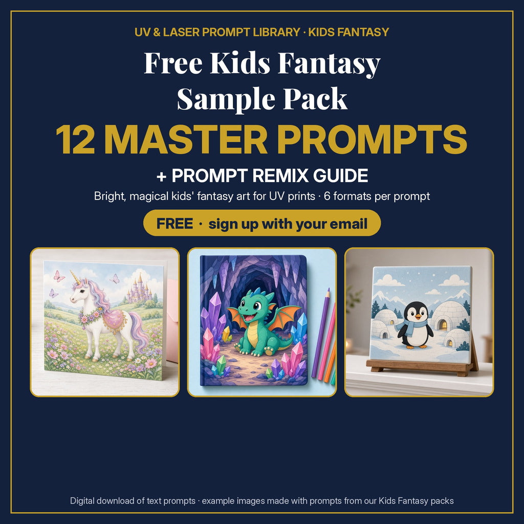 Free Kids Fantasy Sample Pack cover: 12 master prompts + Prompt Remix Guide, free with email sign-up, with example unicorn, dragon and penguin prints made with prompts from our Kids Fantasy packs